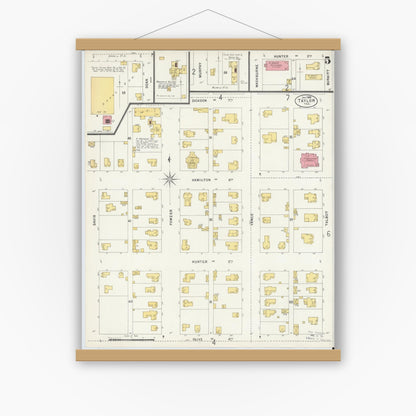 Old map wall art mockup — magnetic wood frame on white wall — Sanborn Fire Insurance Map from Taylor, Williamson County, Texas (1898), Sheet #0005