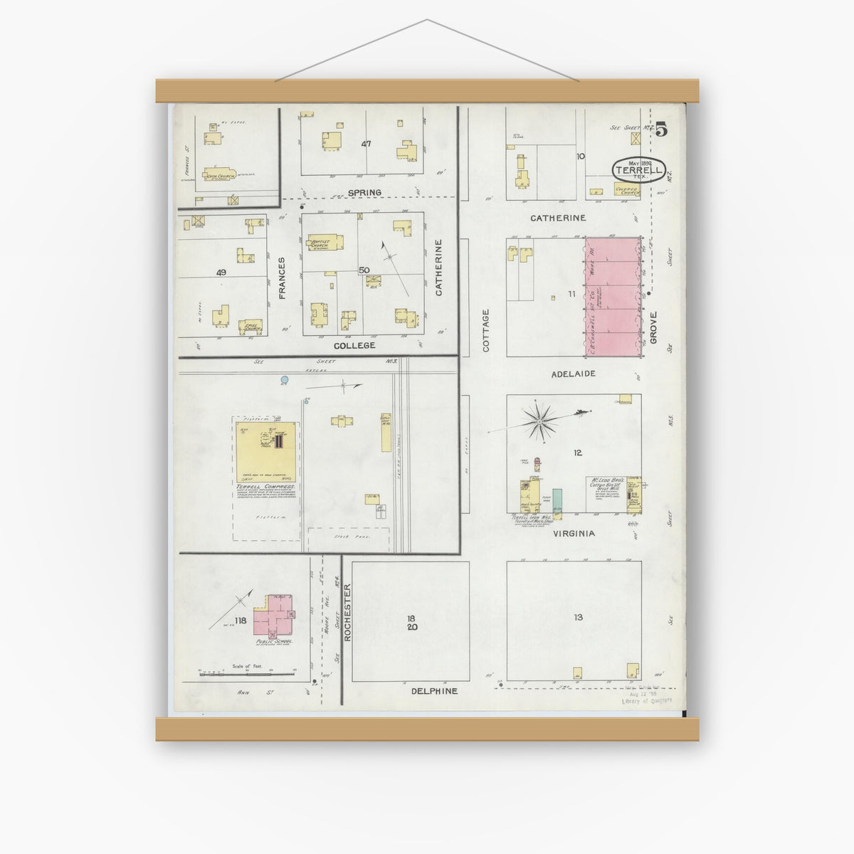 Old map wall art mockup — magnetic wood frame on white wall — Sanborn Fire Insurance Map from Terrell, Kaufman County, Texas (1892), Sheet #0005
