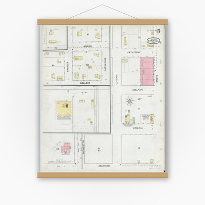 Old map wall art mockup — magnetic wood frame on white wall — Sanborn Fire Insurance Map from Terrell, Kaufman County, Texas (1892), Sheet #0005