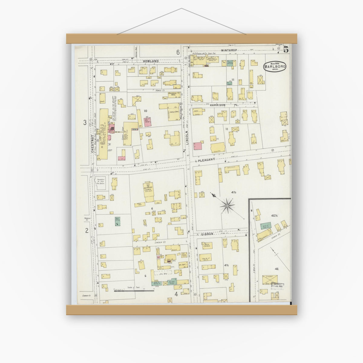 Old map wall art mockup — magnetic wood frame on white wall — Sanborn Fire Insurance Map from Marlborough, Middlesex County, Massachusetts (1896), Sheet #0005