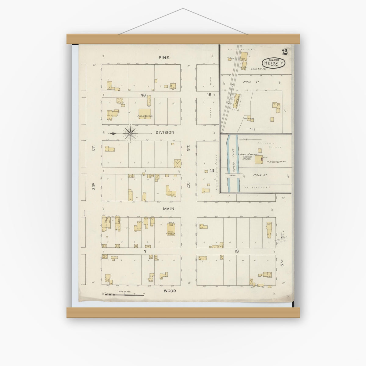 Old map wall art mockup — magnetic wood frame on white wall — Sanborn Fire Insurance Map from Hersey, Osceola County, Michigan (1894), Sheet #0002