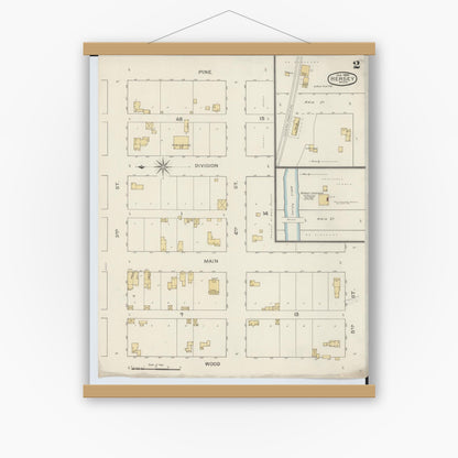 Old map wall art mockup — magnetic wood frame on white wall — Sanborn Fire Insurance Map from Hersey, Osceola County, Michigan (1894), Sheet #0002