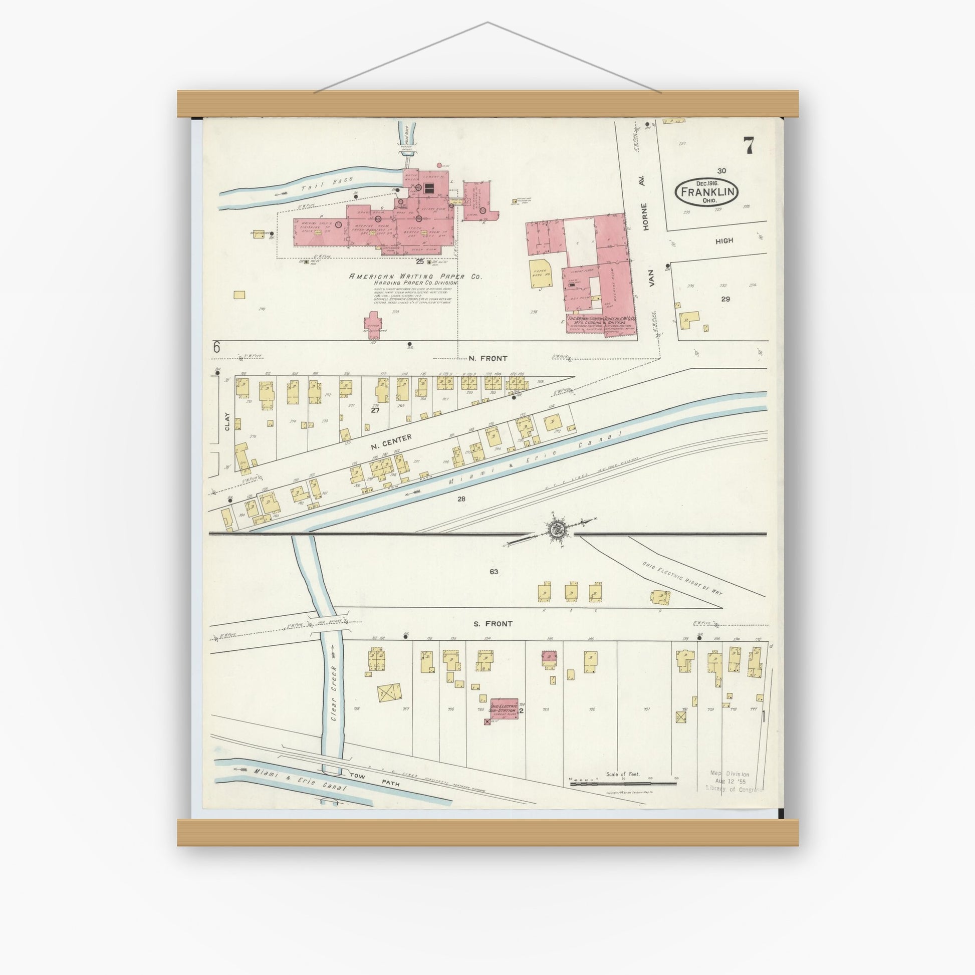 Old map wall art mockup — magnetic wood frame on white wall — Sanborn Fire Insurance Map from Franklin, Warren County, Ohio (1916), Sheet #0007