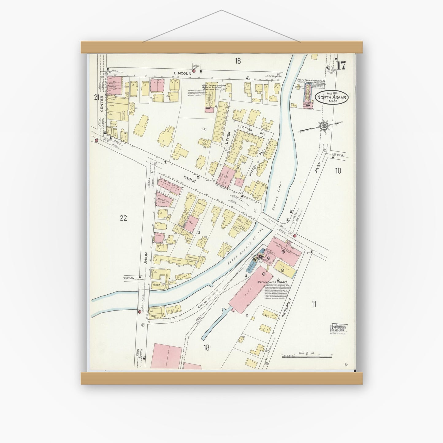 Old map wall art mockup — magnetic wood frame on white wall — Sanborn Fire Insurance Map from North Adams, Berkshire County, Massachusetts (1914), Sheet #0017