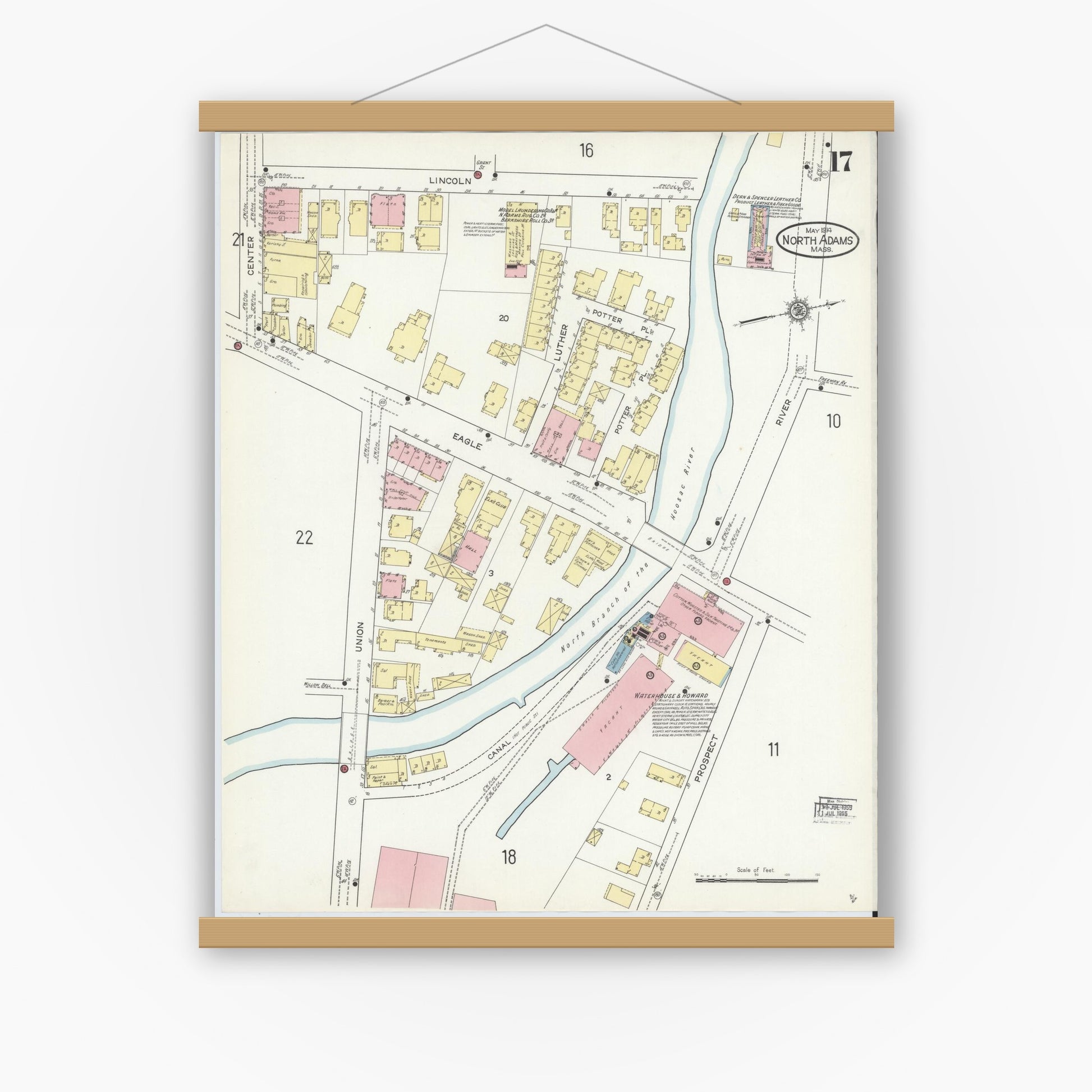Old map wall art mockup — magnetic wood frame on white wall — Sanborn Fire Insurance Map from North Adams, Berkshire County, Massachusetts (1914), Sheet #0017