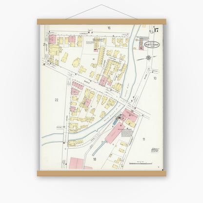Old map wall art mockup — magnetic wood frame on white wall — Sanborn Fire Insurance Map from North Adams, Berkshire County, Massachusetts (1914), Sheet #0017