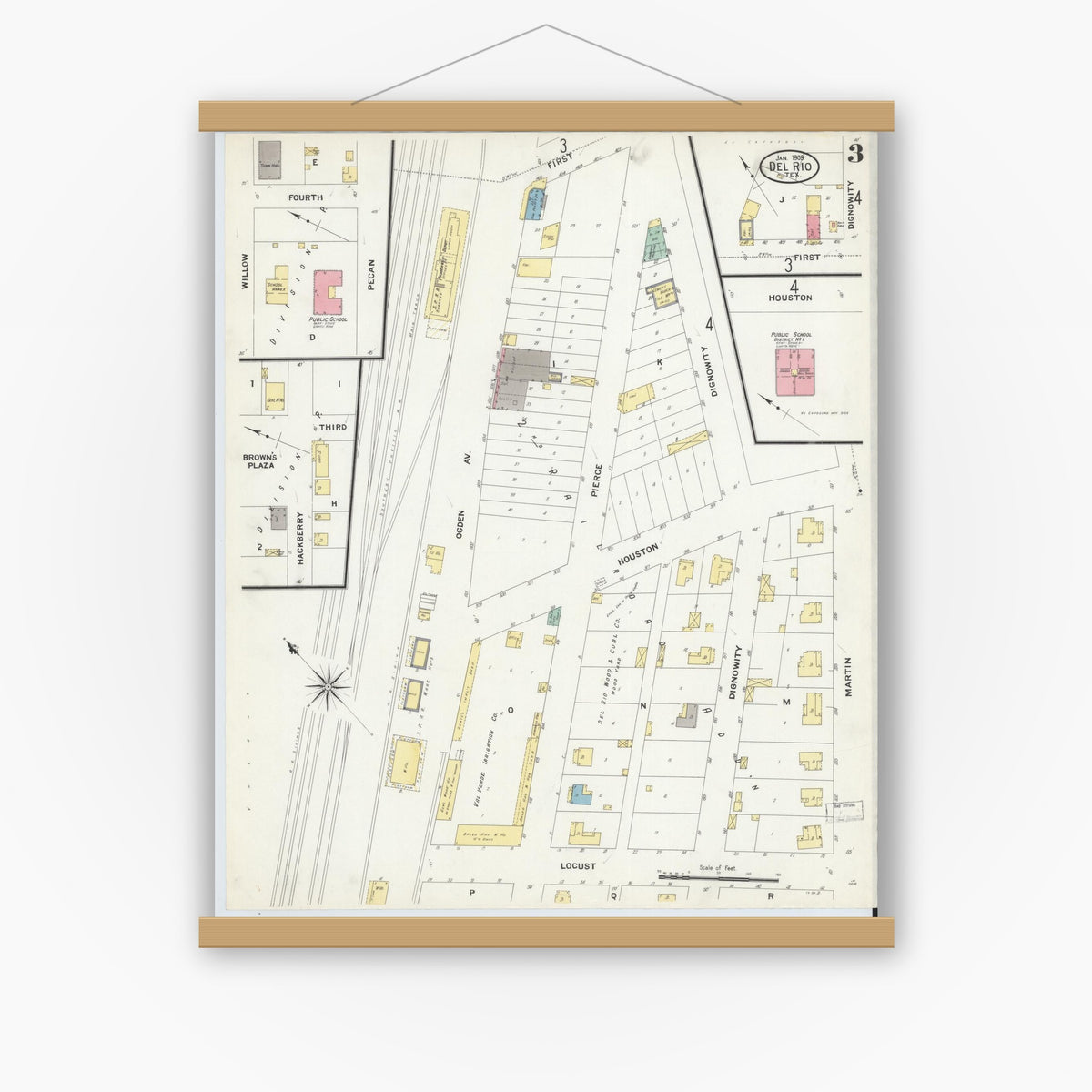 Old map wall art mockup — magnetic wood frame on white wall — Sanborn Fire Insurance Map from Del Rio, Val Verde County, Texas (1909), Sheet #0003