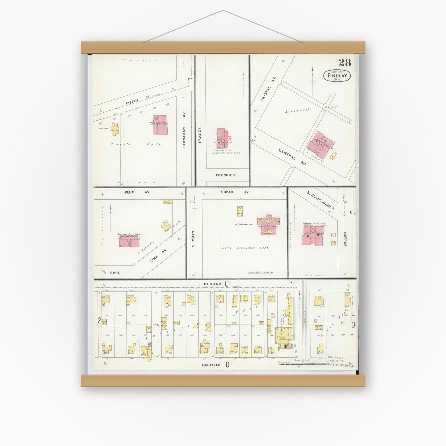 Old map wall art mockup — magnetic wood frame on white wall — Sanborn Fire Insurance Map from Findlay, Hancock County, Ohio (1901), Sheet #0028