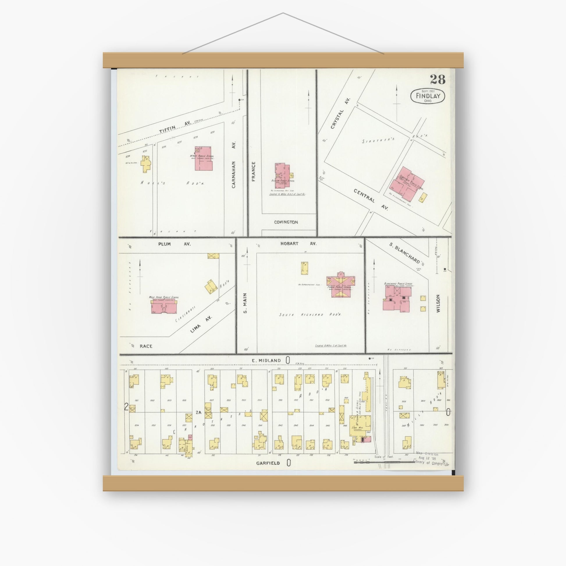 Old map wall art mockup — magnetic wood frame on white wall — Sanborn Fire Insurance Map from Findlay, Hancock County, Ohio (1901), Sheet #0028
