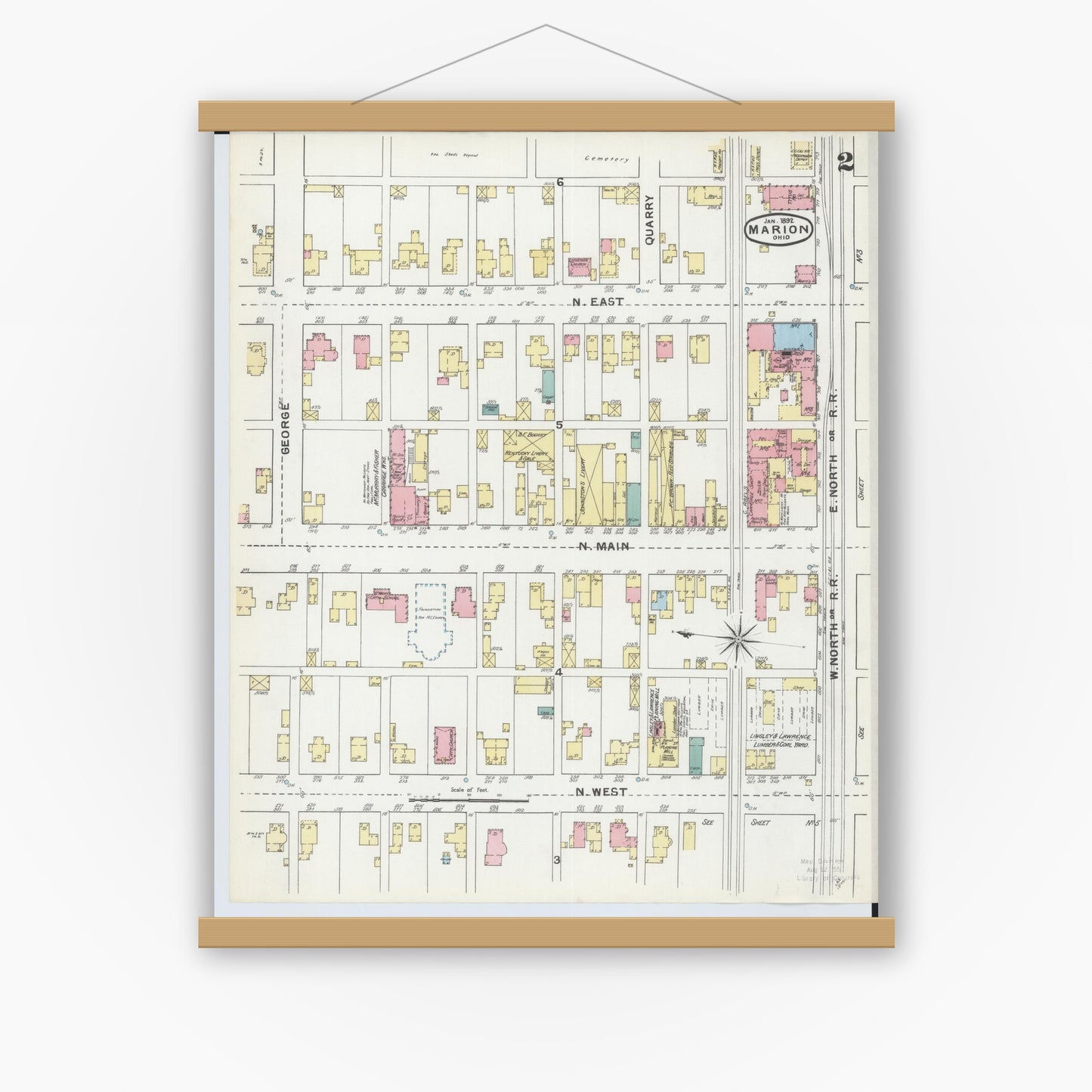 Old map wall art mockup — magnetic wood frame on white wall — Sanborn Fire Insurance Map from Marion, Marion County, Ohio (1892), Sheet #0002