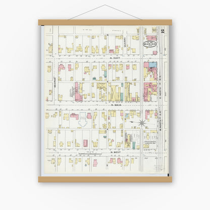 Old map wall art mockup — magnetic wood frame on white wall — Sanborn Fire Insurance Map from Marion, Marion County, Ohio (1892), Sheet #0002