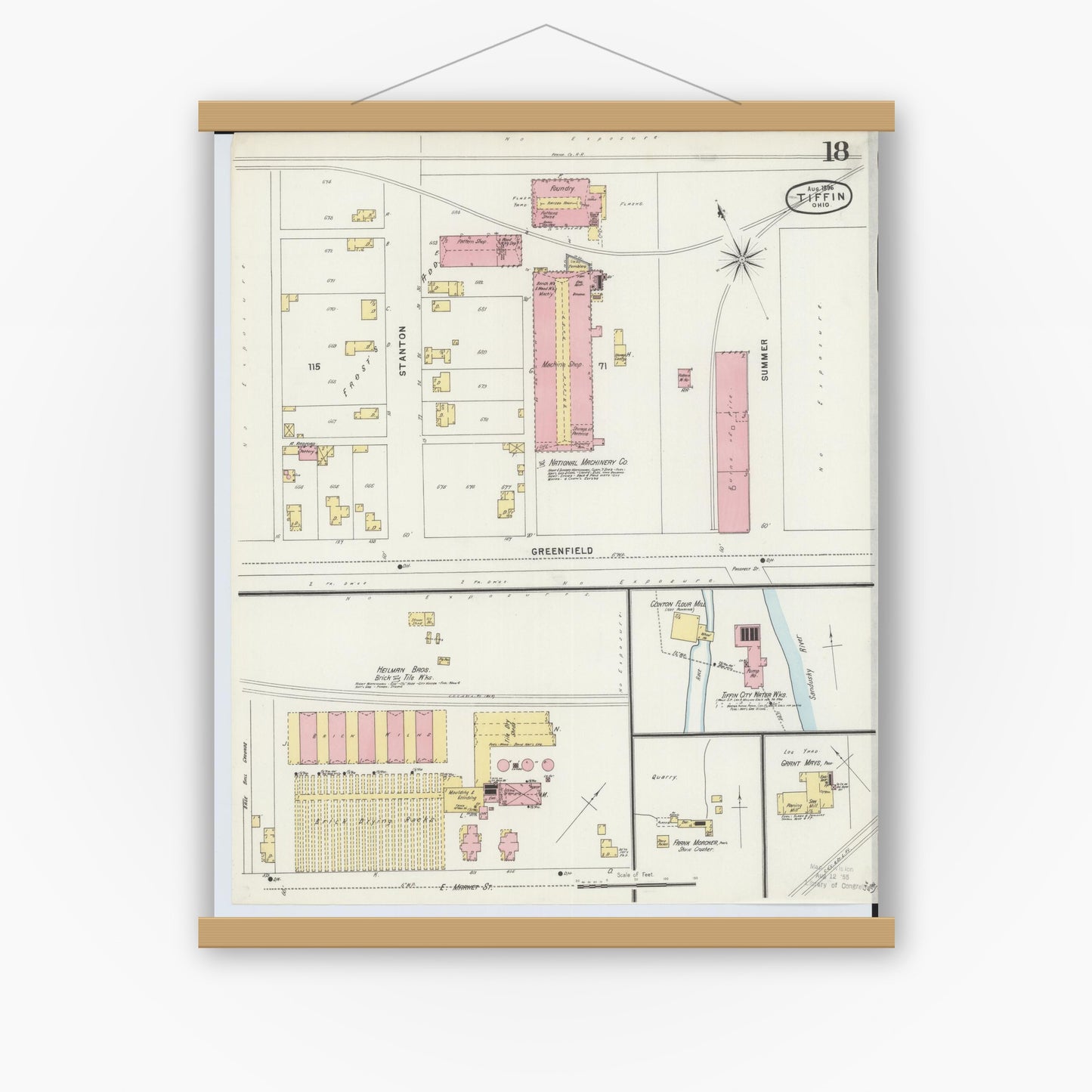 Old map wall art mockup — magnetic wood frame on white wall — Sanborn Fire Insurance Map from Tiffin, Seneca County, Ohio (1896), Sheet #0018