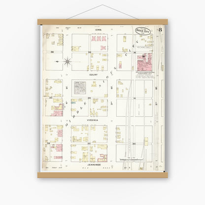 Old map wall art mockup — magnetic wood frame on white wall — Sanborn Fire Insurance Map from Sioux City, Woodbury County, Iowa (1884), Sheet #0008