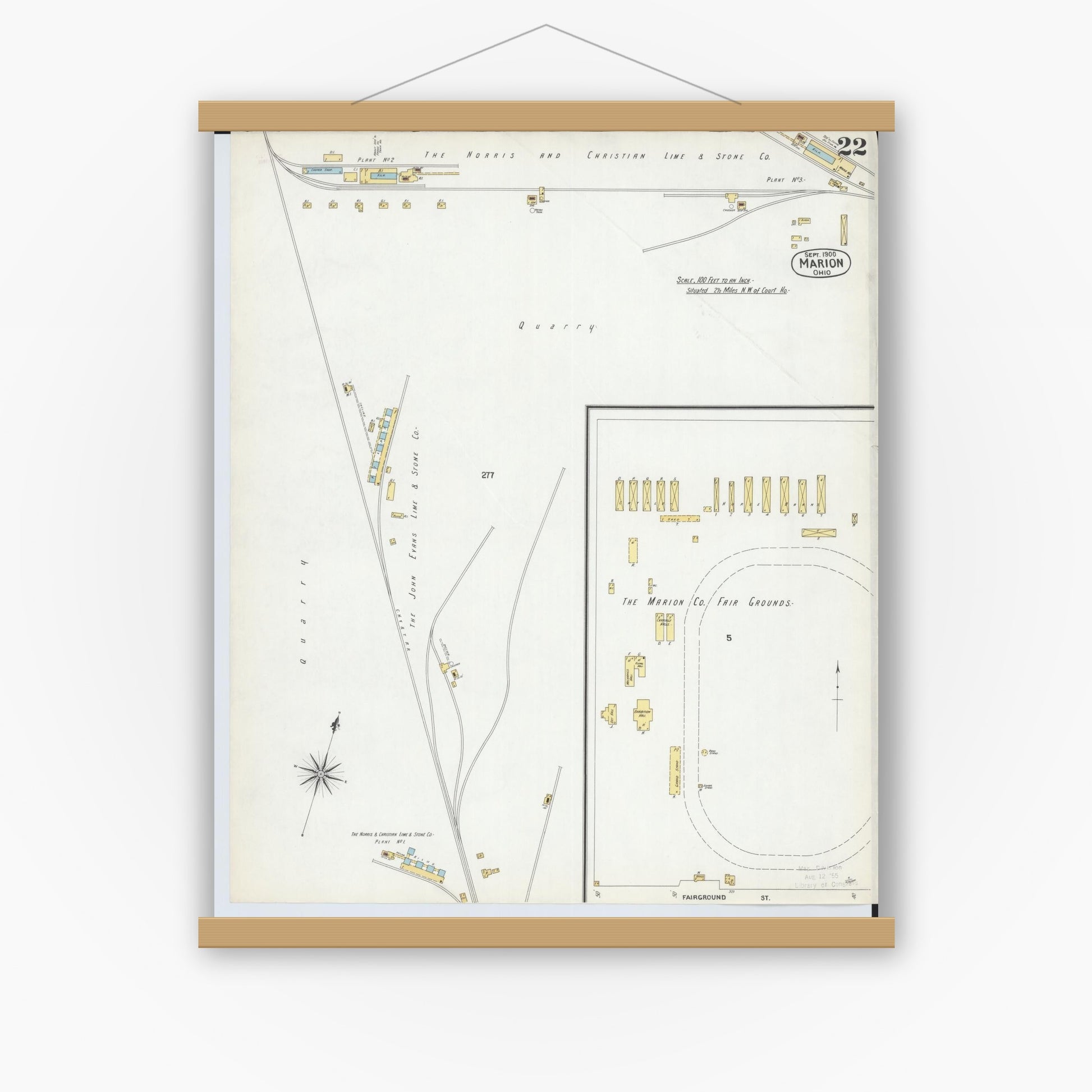 Old map wall art mockup — magnetic wood frame on white wall — Sanborn Fire Insurance Map from Marion, Marion County, Ohio (1900), Sheet #0022