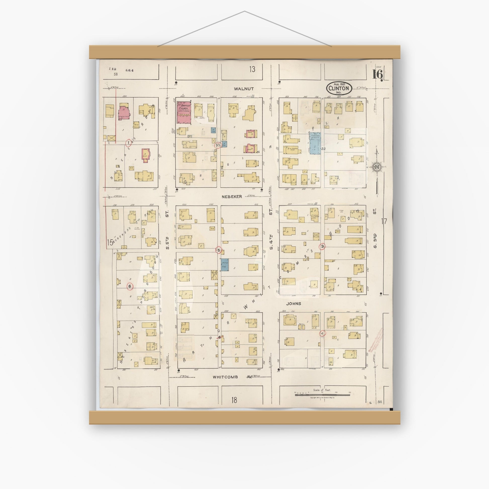 Old map wall art mockup — magnetic wood frame on white wall — Sanborn Fire Insurance Map from Clinton, Vermillion County, Indiana (1947), Sheet #0016