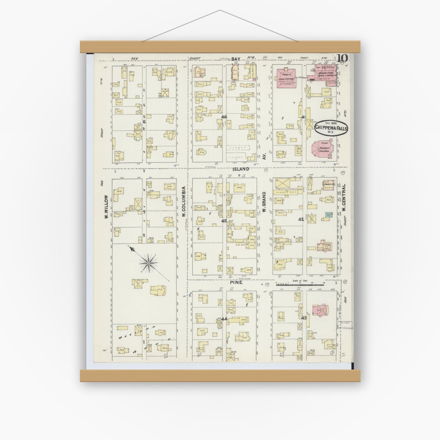 Old map wall art mockup — magnetic wood frame on white wall — Sanborn Fire Insurance Map from Chippewa Falls, Chippewa County, Wisconsin (1890), Sheet #0010