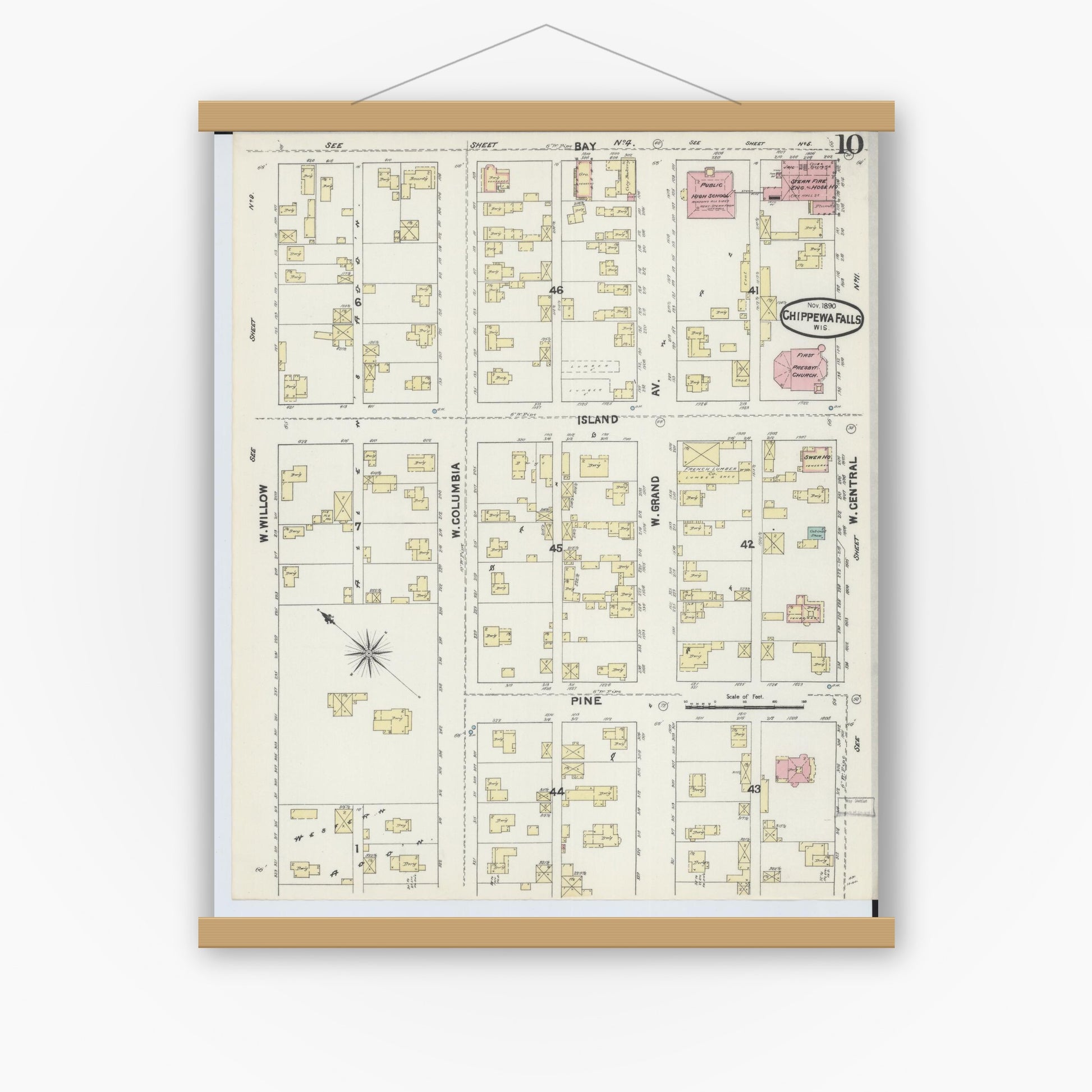 Old map wall art mockup — magnetic wood frame on white wall — Sanborn Fire Insurance Map from Chippewa Falls, Chippewa County, Wisconsin (1890), Sheet #0010