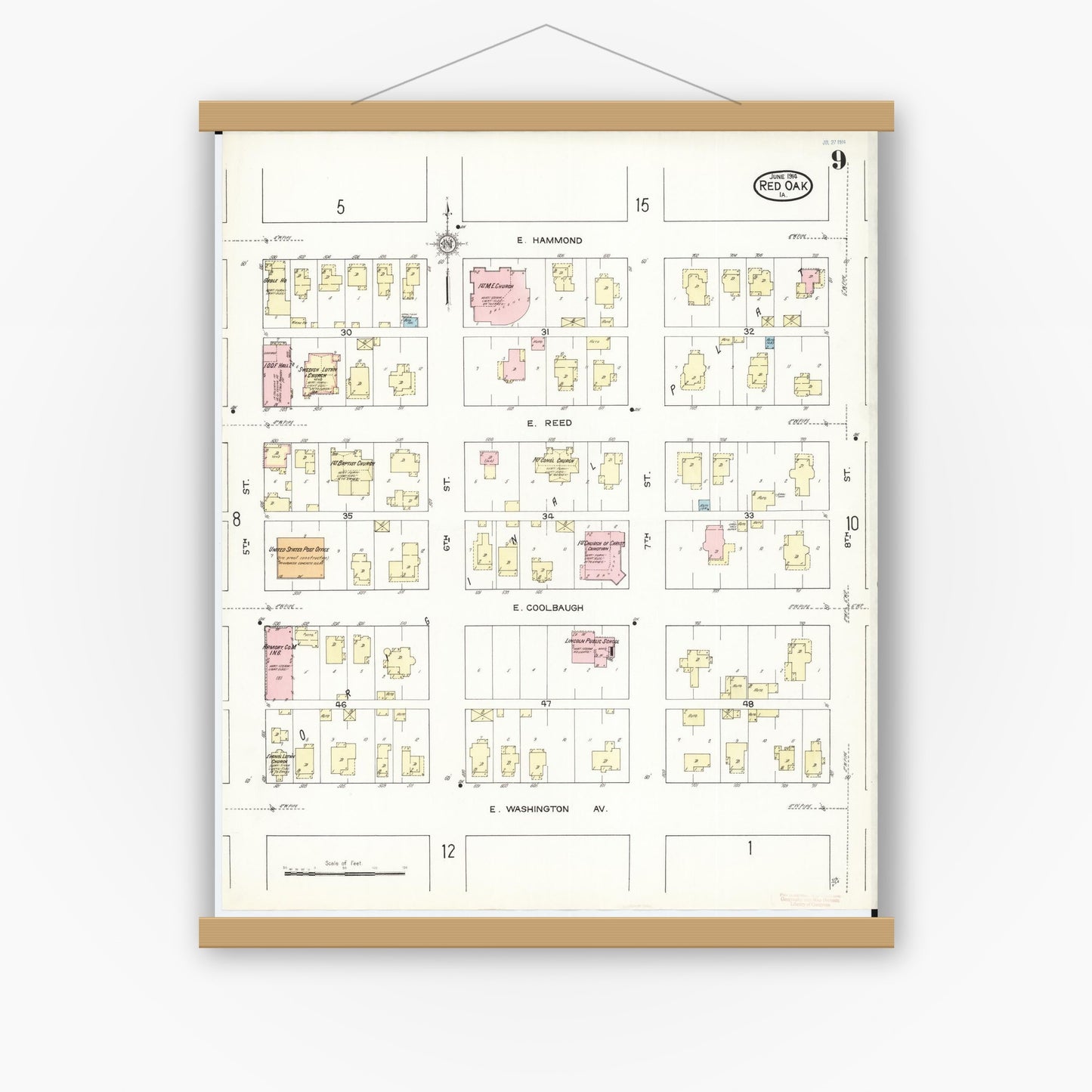 Old map wall art mockup — magnetic wood frame on white wall — Sanborn Fire Insurance Map from Red Oak, Montgomery County, Iowa (1914), Sheet #0009