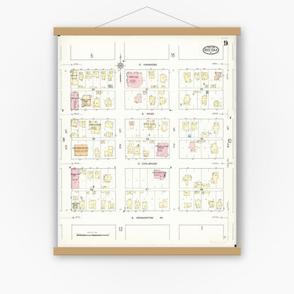 Old map wall art mockup — magnetic wood frame on white wall — Sanborn Fire Insurance Map from Red Oak, Montgomery County, Iowa (1914), Sheet #0009