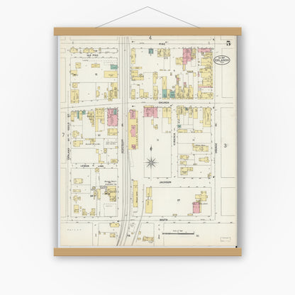 Old map wall art mockup — magnetic wood frame on white wall — Sanborn Fire Insurance Map from Orlando, Orange County, Florida (1897), Sheet #0005