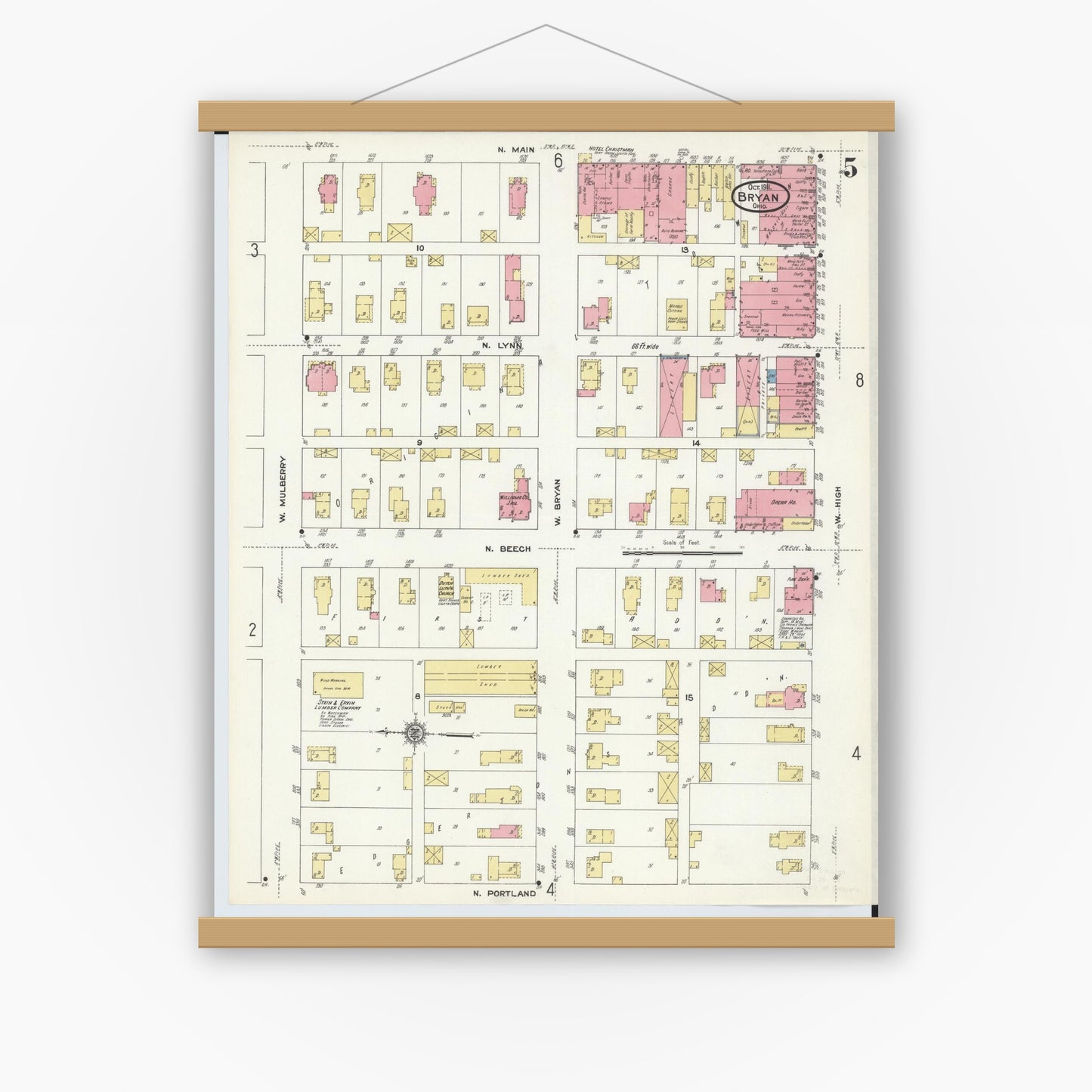 Old map wall art mockup — magnetic wood frame on white wall — Sanborn Fire Insurance Map from Bryan, Williams County, Ohio (1911), Sheet #0005