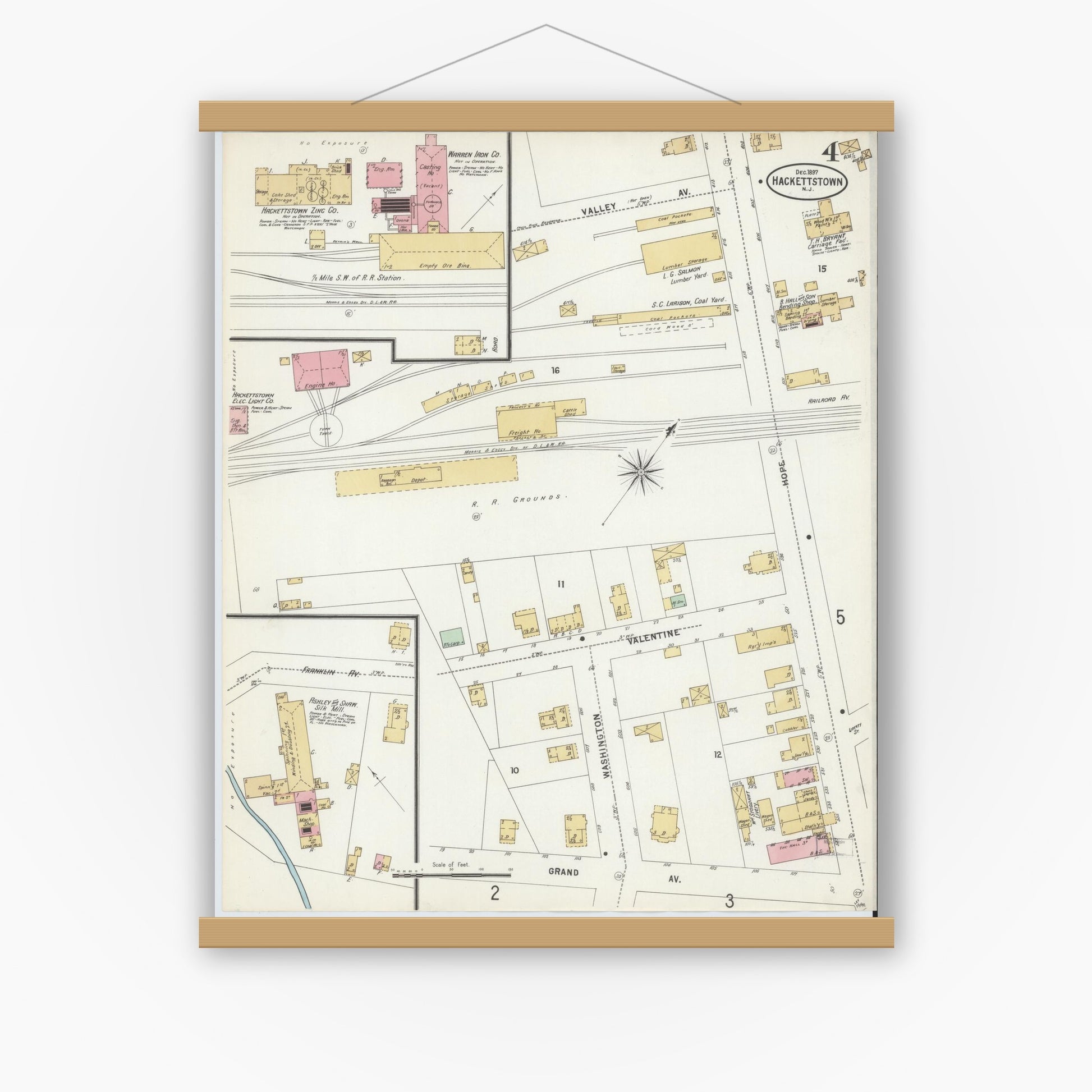 Old map wall art mockup — magnetic wood frame on white wall — Sanborn Fire Insurance Map from Hackettstown, Warren County, New Jersey (1897), Sheet #0004