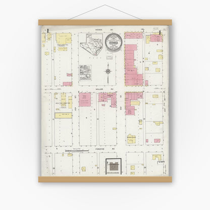 Old map wall art mockup — magnetic wood frame on white wall — Sanborn Fire Insurance Map from Donna, Hidalgo County, Texas (1925), Sheet #0001