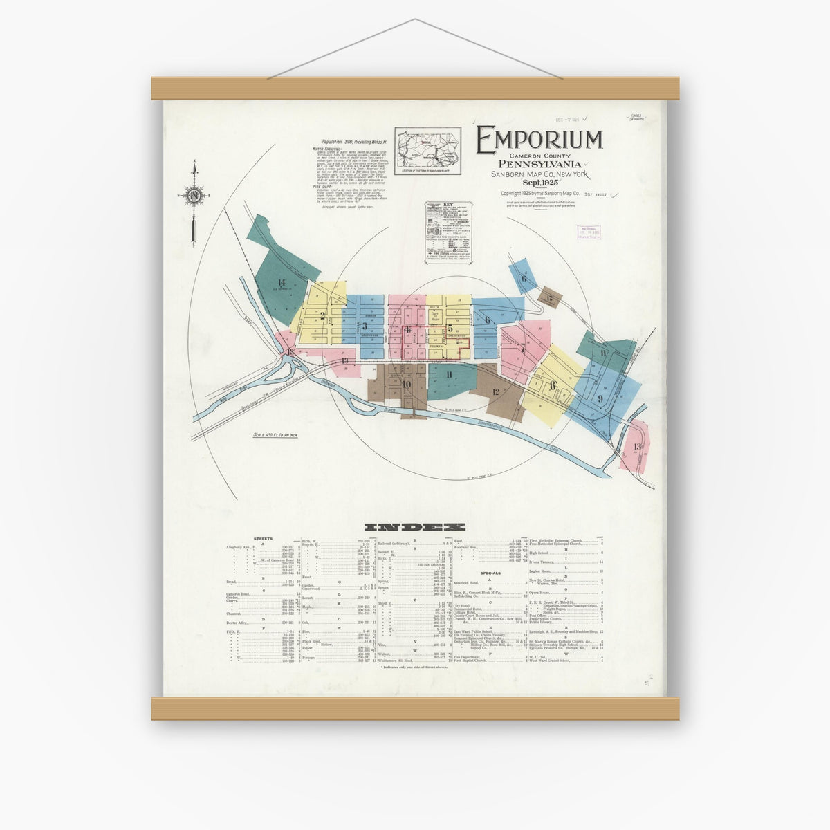 Old map wall art mockup — magnetic wood frame on white wall — Sanborn Fire Insurance Map from Emporium, Cameron County, Pennsylvania (1925) - Complete Map Set