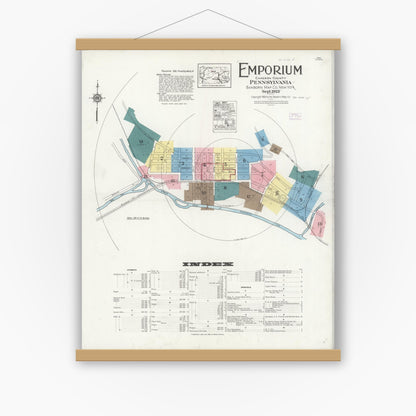 Old map wall art mockup — magnetic wood frame on white wall — Sanborn Fire Insurance Map from Emporium, Cameron County, Pennsylvania (1925) - Complete Map Set