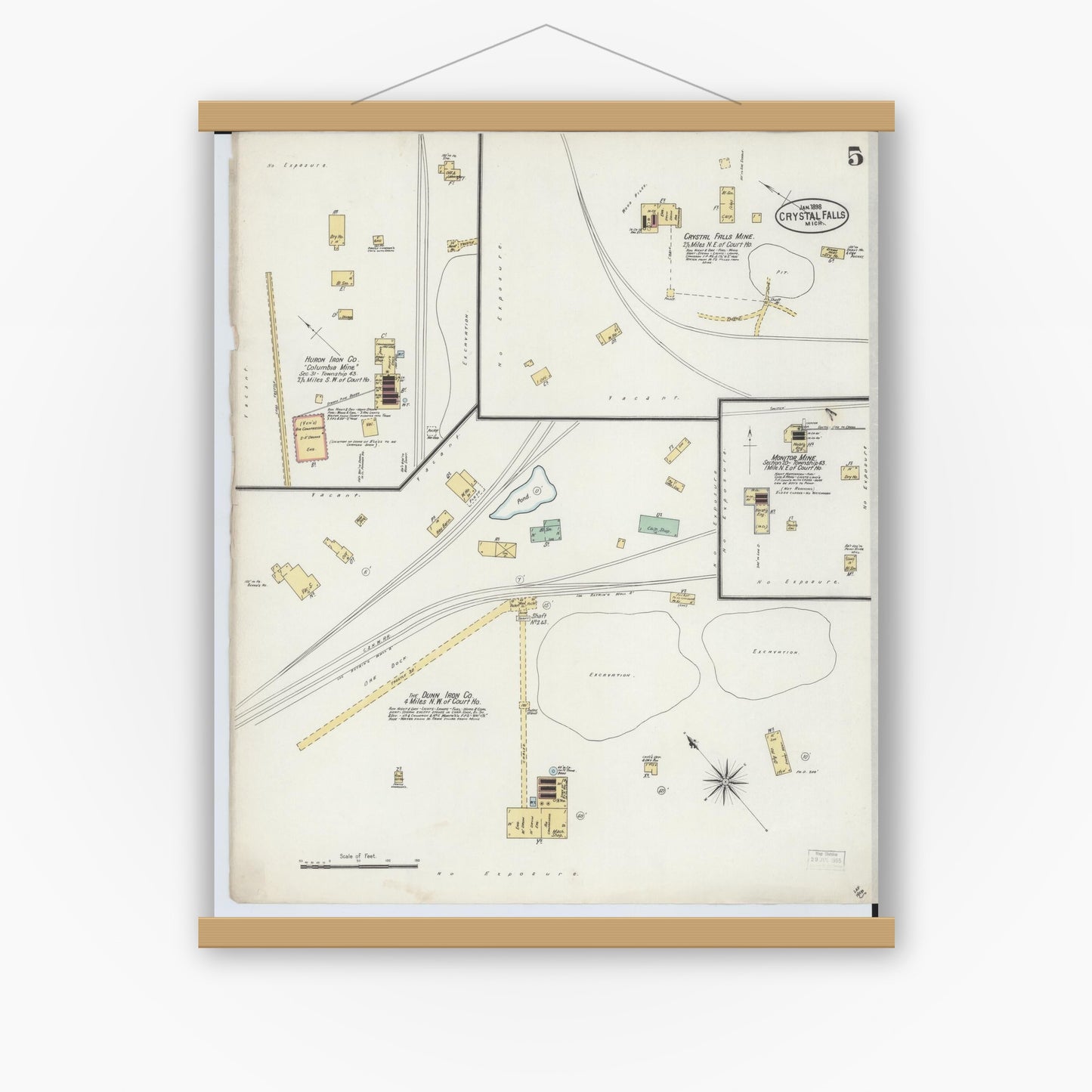 Old map wall art mockup — magnetic wood frame on white wall — Sanborn Fire Insurance Map from Crystal Falls, Iron County, Michigan (1898), Sheet #0005