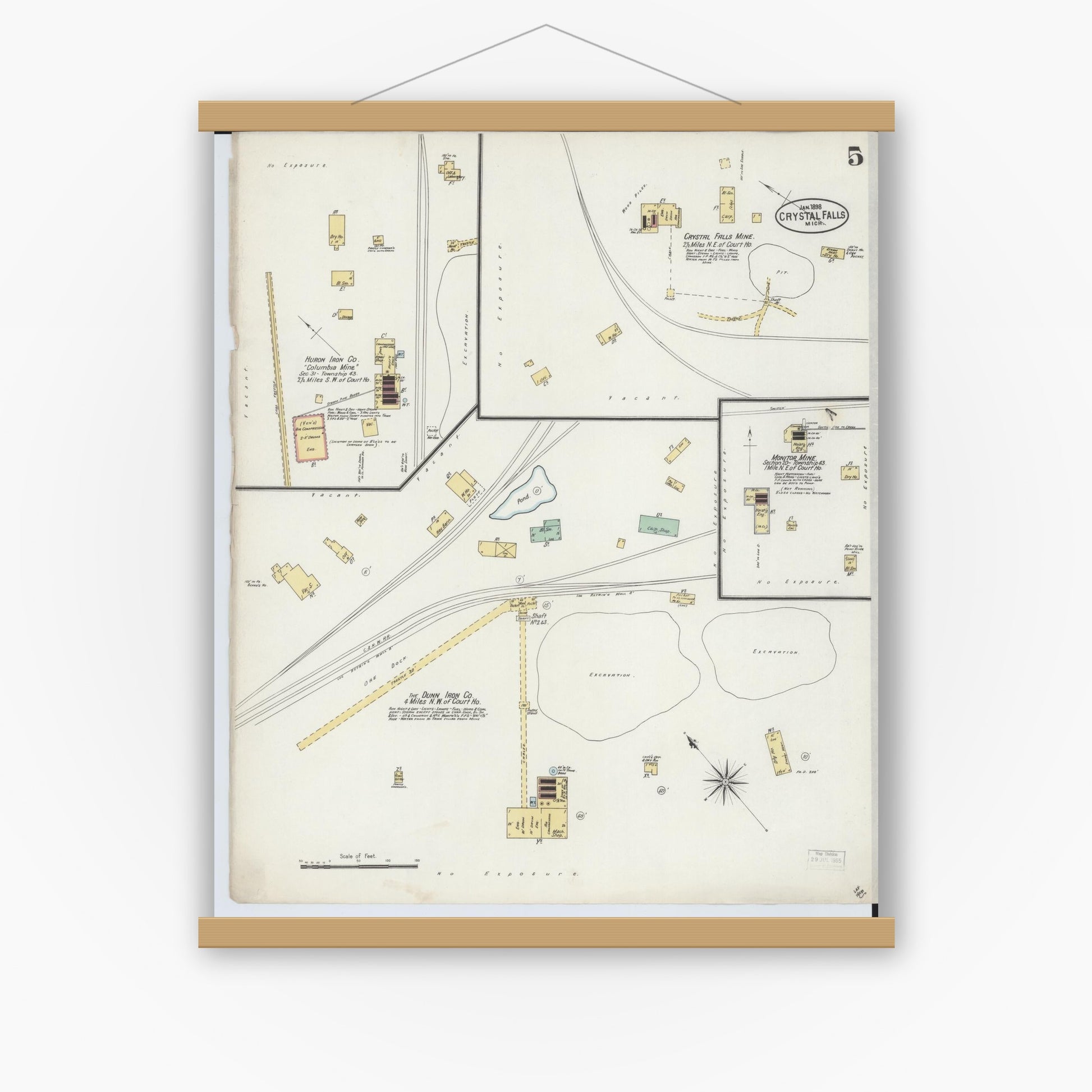 Old map wall art mockup — magnetic wood frame on white wall — Sanborn Fire Insurance Map from Crystal Falls, Iron County, Michigan (1898), Sheet #0005
