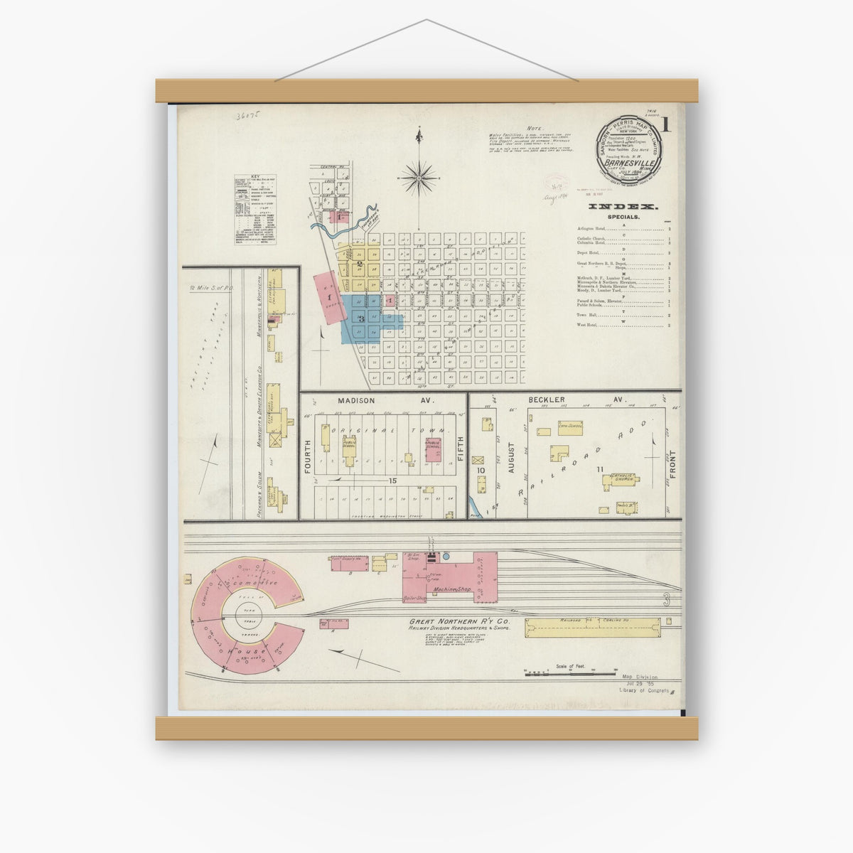 Old map wall art mockup — magnetic wood frame on white wall — Sanborn Fire Insurance Map from Barnesville, Clay County, Minnesota (1894) - Complete Map Set