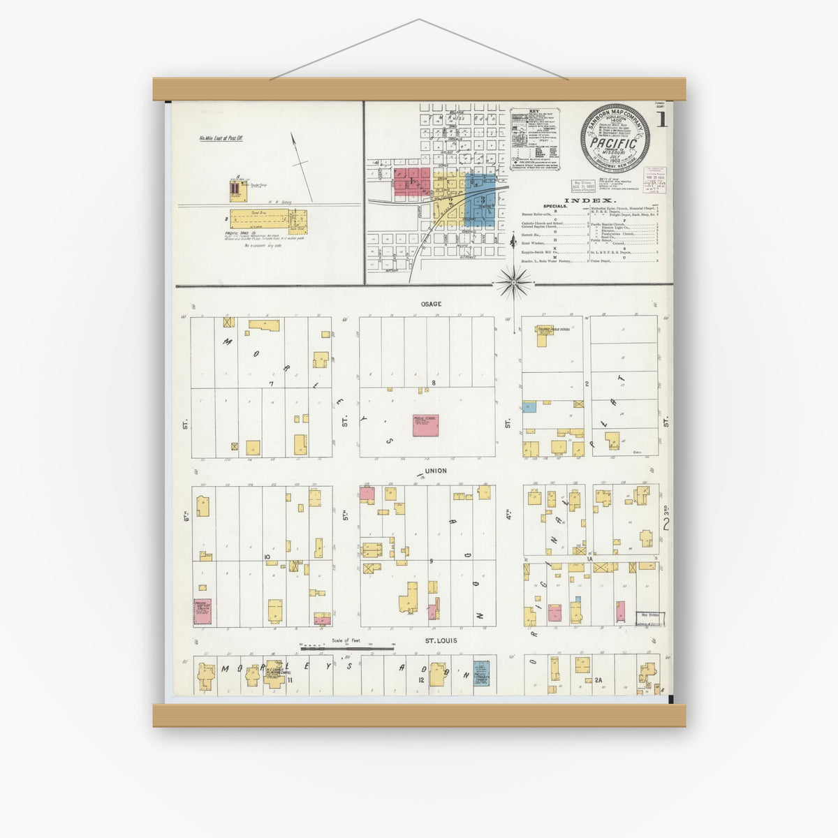Old map wall art mockup — magnetic wood frame on white wall — Sanborn Fire Insurance Map from Pacific, Franklin County, Missouri (1903) - Complete Map Set