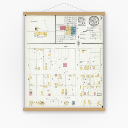 Old map wall art mockup — magnetic wood frame on white wall — Sanborn Fire Insurance Map from Pacific, Franklin County, Missouri (1903) - Complete Map Set