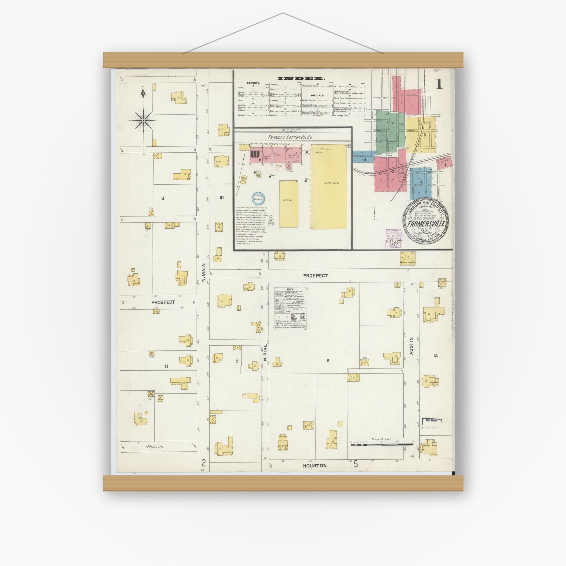 Old map wall art mockup — magnetic wood frame on white wall — Sanborn Fire Insurance Map from Farmersville, Collin County, Texas (1902) - Complete Map Set