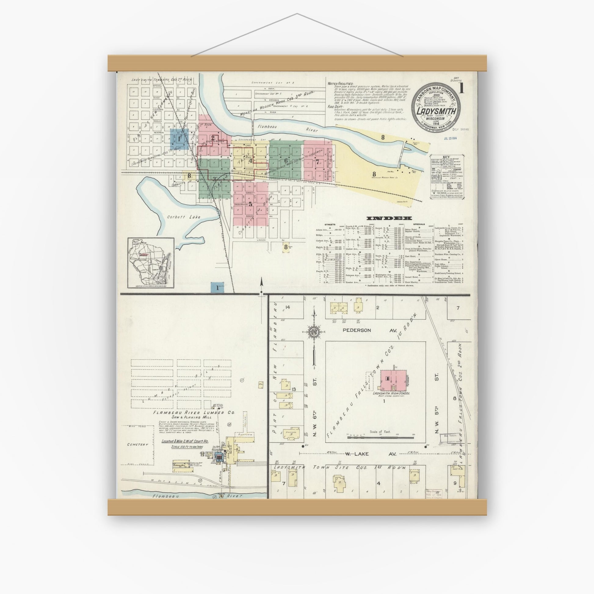 Old map wall art mockup — magnetic wood frame on white wall — Sanborn Fire Insurance Map from Ladysmith, Rusk County, Wisconsin (1914), Sheet #0001
