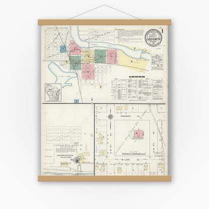 Old map wall art mockup — magnetic wood frame on white wall — Sanborn Fire Insurance Map from Ladysmith, Rusk County, Wisconsin (1914), Sheet #0001