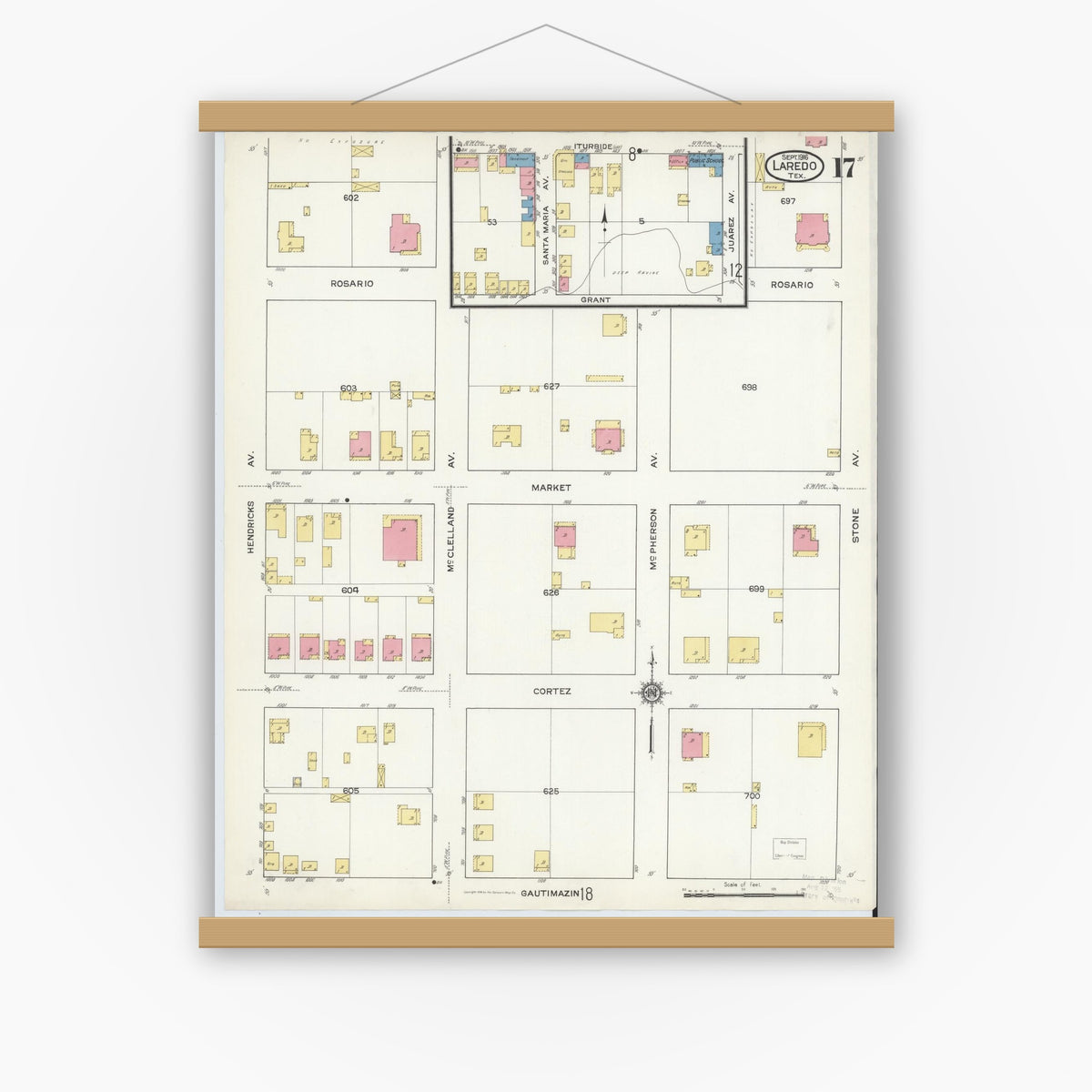 Old map wall art mockup — magnetic wood frame on white wall — Sanborn Fire Insurance Map from Laredo, Webb County, Texas (1916), Sheet #0017