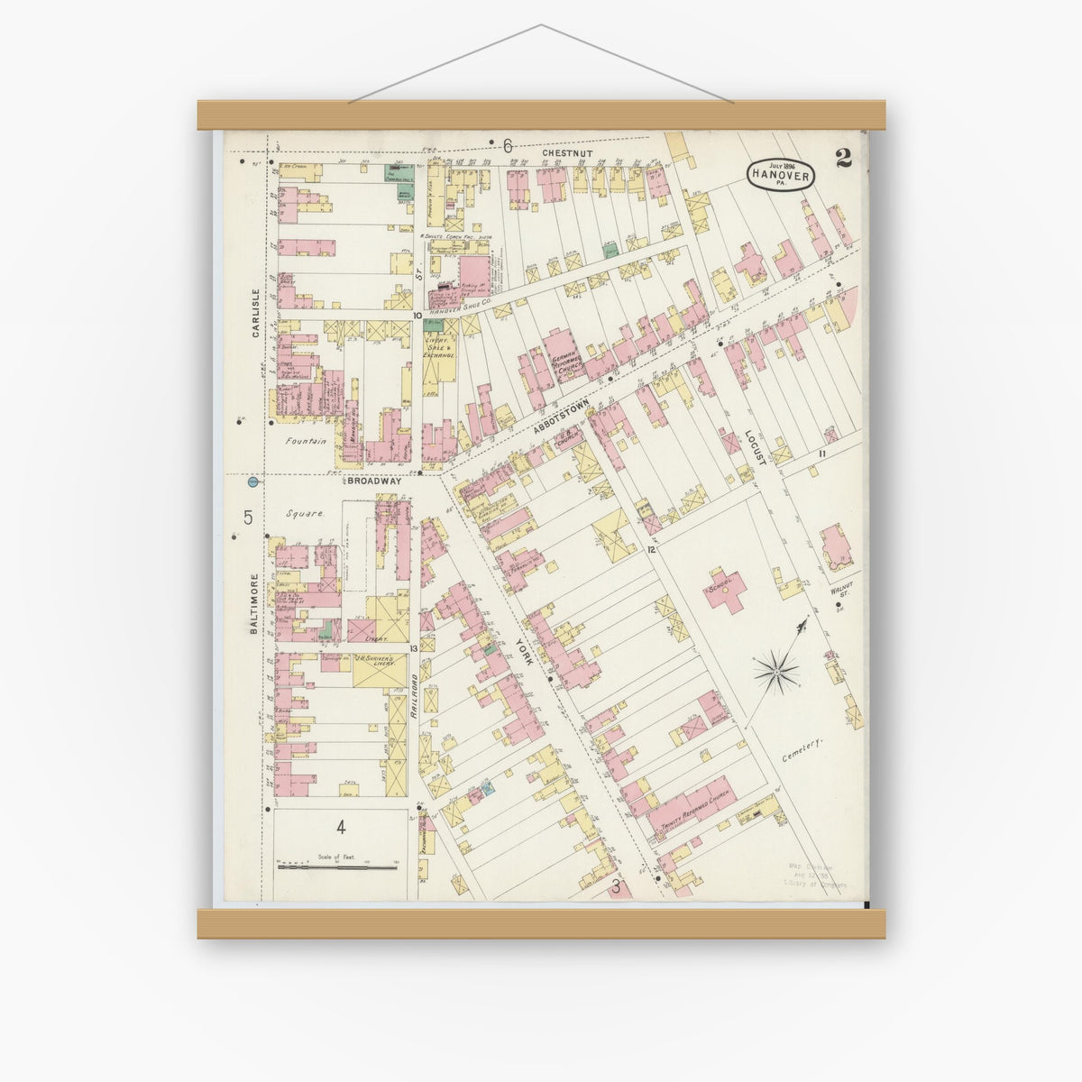 Old map wall art mockup — magnetic wood frame on white wall — Sanborn Fire Insurance Map from Hanover, York County, Pennsylvania (1896), Sheet #0002
