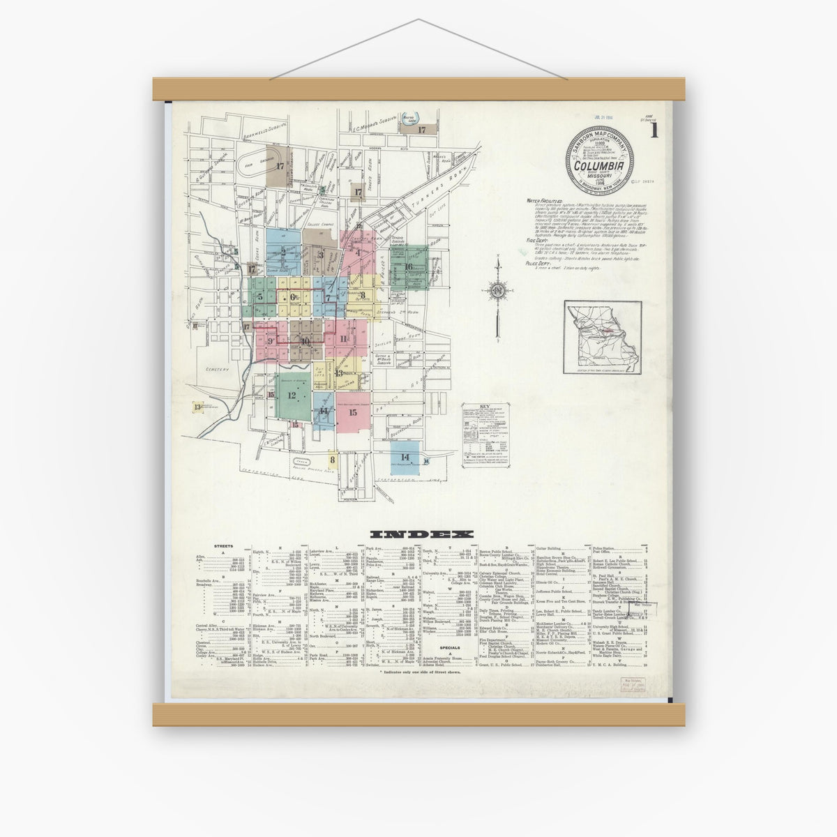 Old map wall art mockup — magnetic wood frame on white wall — Sanborn Fire Insurance Map from Columbia, Boone County, Missouri (1914) - Complete Map Set