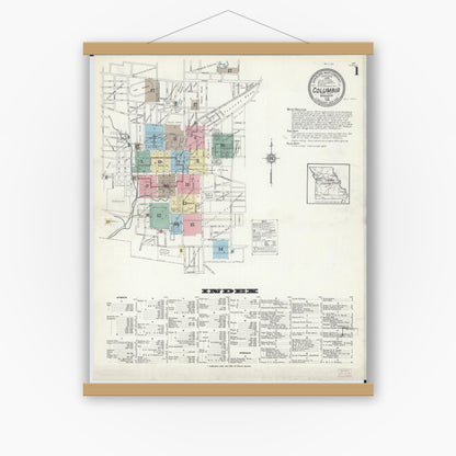 Old map wall art mockup — magnetic wood frame on white wall — Sanborn Fire Insurance Map from Columbia, Boone County, Missouri (1914) - Complete Map Set
