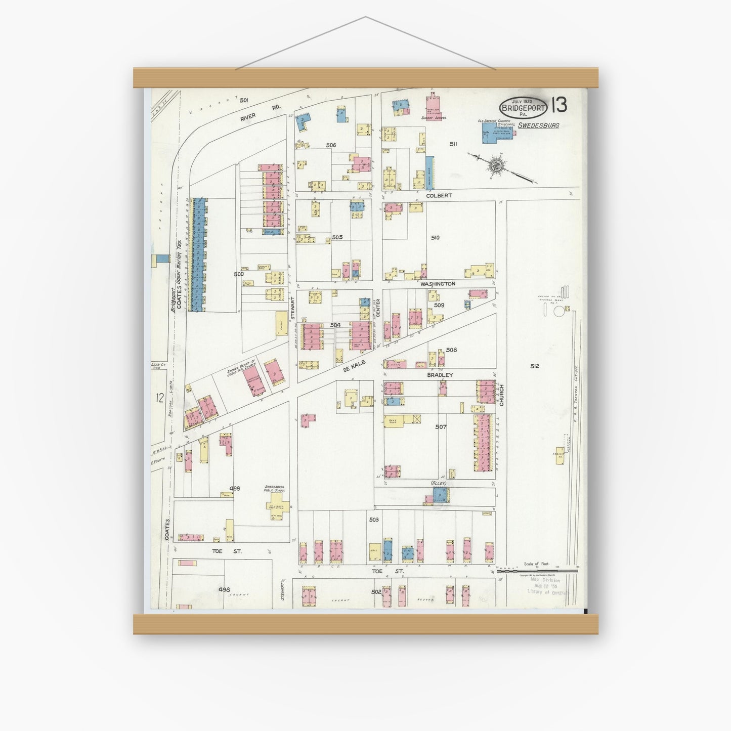 Old map wall art mockup — magnetic wood frame on white wall — Sanborn Fire Insurance Map from Bridgeport, Montgomery County, Pennsylvania (1920), Sheet #0013
