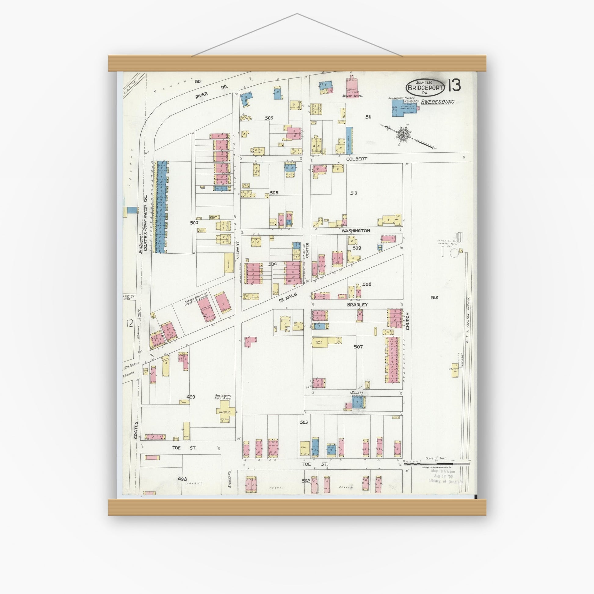 Old map wall art mockup — magnetic wood frame on white wall — Sanborn Fire Insurance Map from Bridgeport, Montgomery County, Pennsylvania (1920), Sheet #0013