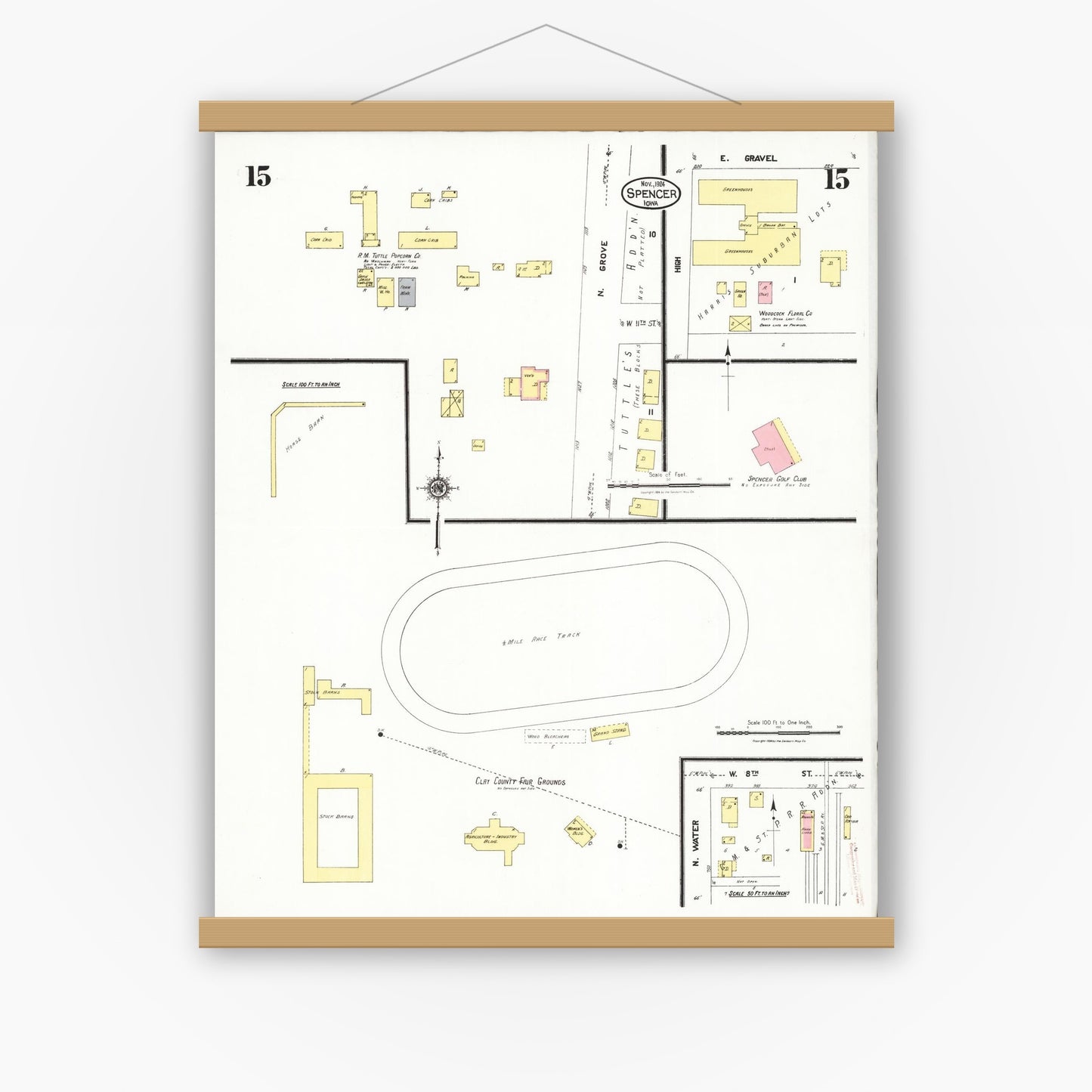 Old map wall art mockup — magnetic wood frame on white wall — Sanborn Fire Insurance Map from Spencer, Clay County, Iowa (1924), Sheet #0015