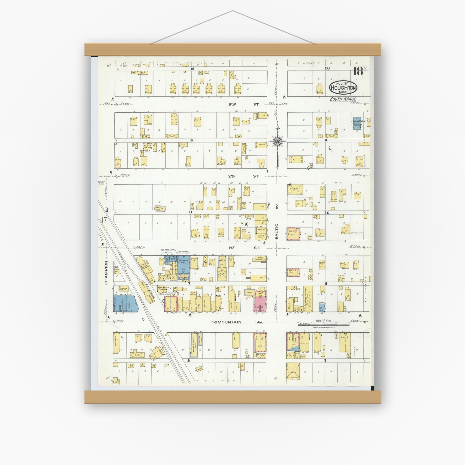 Old map wall art mockup — magnetic wood frame on white wall — Sanborn Fire Insurance Map from Houghton, Houghton County, Michigan (1917), Sheet #0018