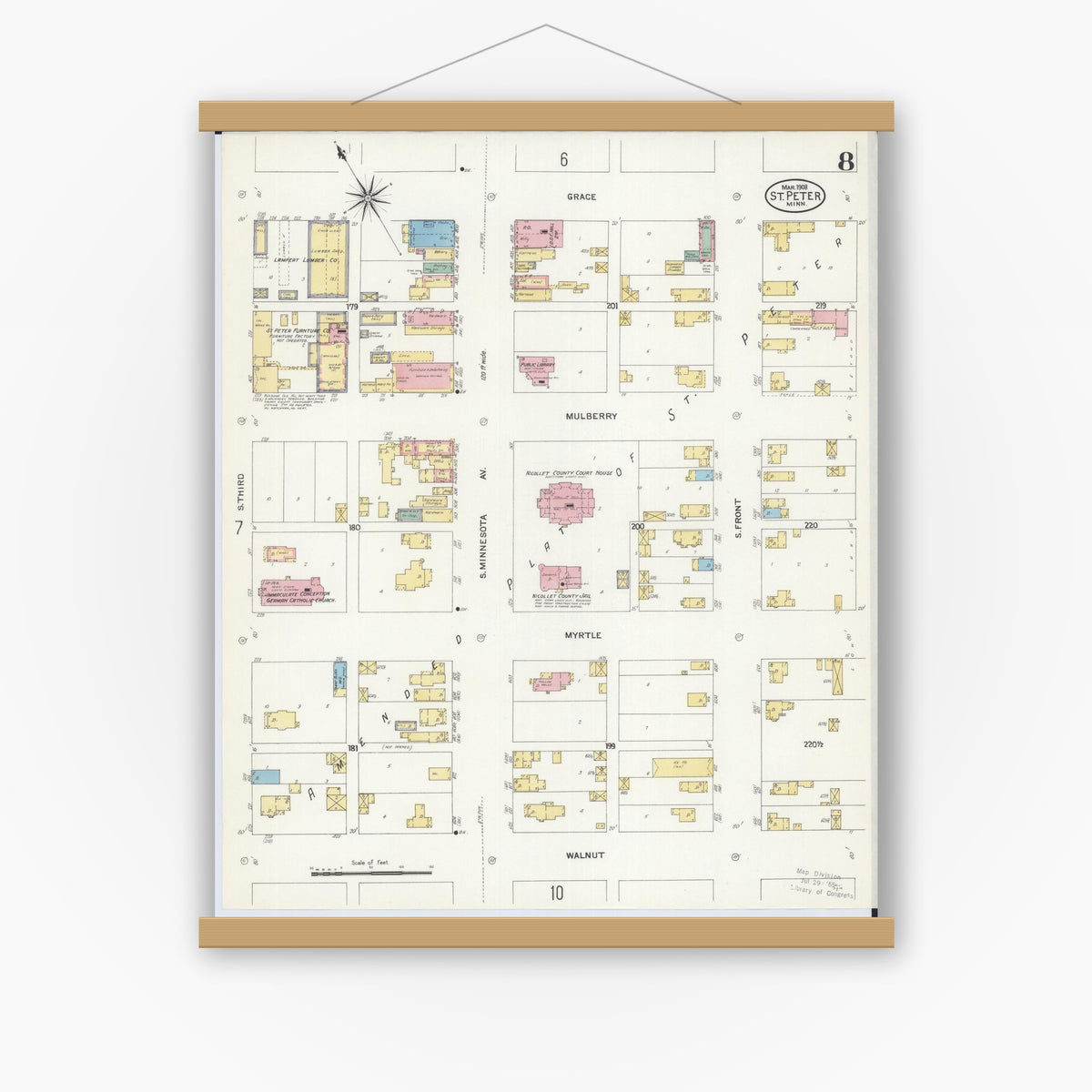 Old map wall art mockup — magnetic wood frame on white wall — Sanborn Fire Insurance Map from Saint Peter, Nicollet County, Minnesota (1908), Sheet #0008