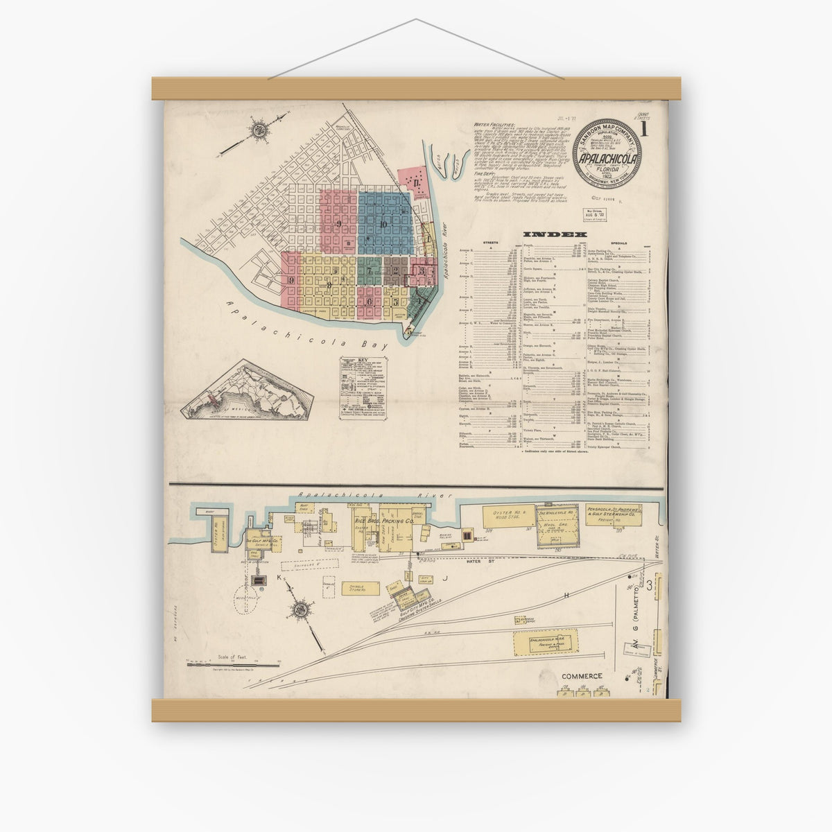Old map wall art mockup — magnetic wood frame on white wall — Sanborn Fire Insurance Map from Apalachicola, Franklin County, Florida (1922), Sheet #0001