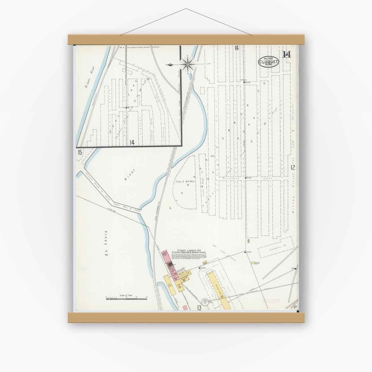 Old map wall art mockup — magnetic wood frame on white wall — Sanborn Fire Insurance Map from Cloquet, Carlton County, Minnesota (1905), Sheet #0014