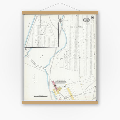 Old map wall art mockup — magnetic wood frame on white wall — Sanborn Fire Insurance Map from Cloquet, Carlton County, Minnesota (1905), Sheet #0014