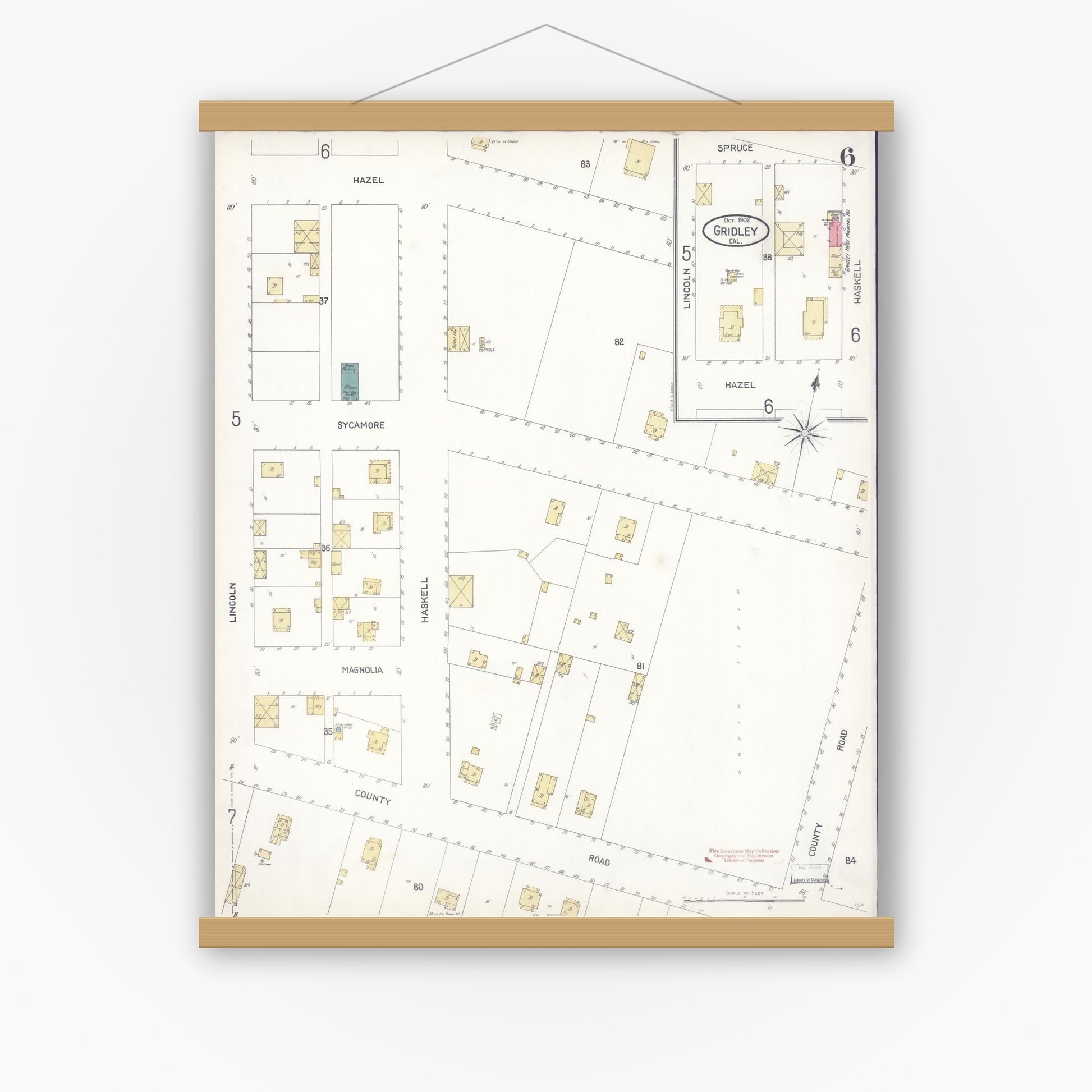 Old map wall art mockup — magnetic wood frame on white wall — Sanborn Fire Insurance Map from Gridley, Butte County, California (1902), Sheet #0006